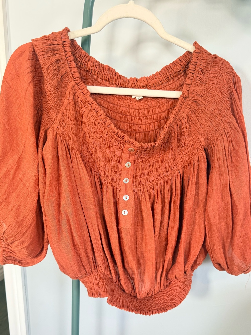Women’s Peasant Blouse with Smocked Yoke — Rust Orange